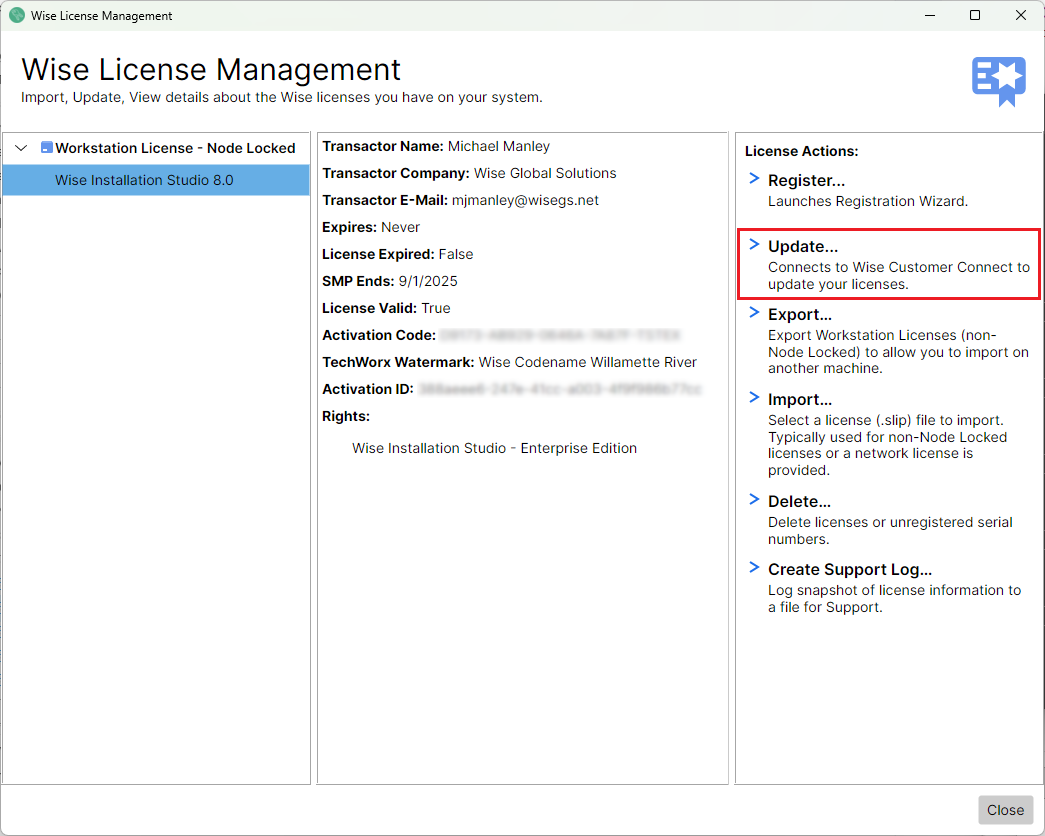 Picture of Wise License Manager highlighting the Update button.